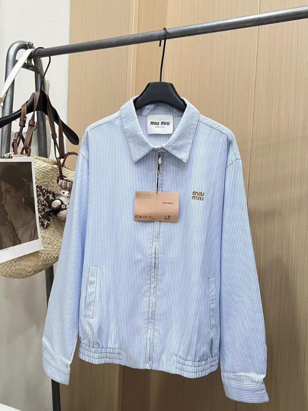 Miu Miu Blue Striped Zip‑Up Collared Jacket